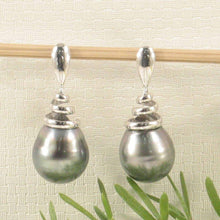 Load image into Gallery viewer, Unique Water Flow Tahitian Pearl Dangle Earrings – 14k White Gold