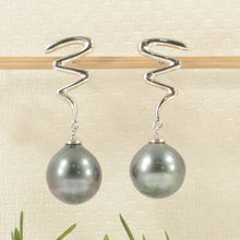 Load image into Gallery viewer, 14k White Gold Unique Gourd Black Tahitian Pearl Dangle Stud Earrings
