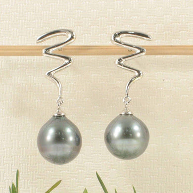 14k White Gold Unique Gourd Black Tahitian Pearl Dangle Stud Earrings