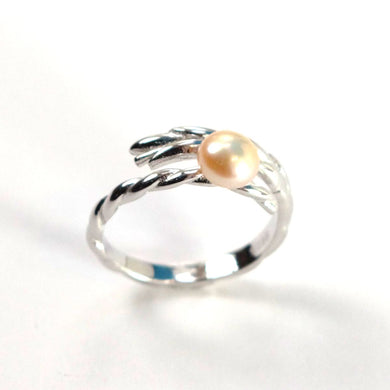 Adjustable Wheat-Style Peach Freshwater Pearl Ring – .925 Sterling Silver
