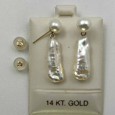 White Biwa & Freshwater Cultured Pearl Dangle Earrings – 14 k Yellow Gold