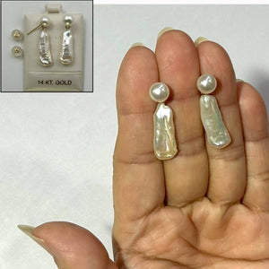 White Biwa & Freshwater Cultured Pearl Dangle Earrings – 14 k Yellow Gold