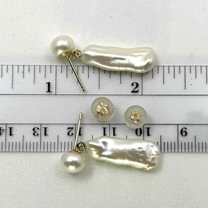 White Biwa & Freshwater Cultured Pearl Dangle Earrings – 14 k Yellow Gold