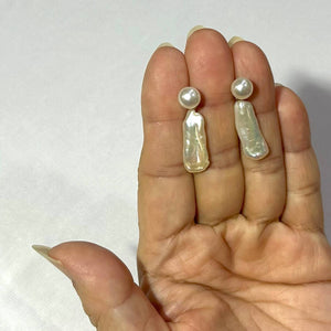 White Biwa & Freshwater Cultured Pearl Dangle Earrings – 14 k Yellow Gold