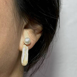 White Biwa & Freshwater Cultured Pearl Dangle Earrings – 14 k Yellow Gold