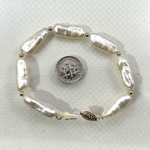 Load image into Gallery viewer, White Biwa Pearl &amp; Gold Beads Bracelet with 14k Yellow Gold Fish Tail Clasp