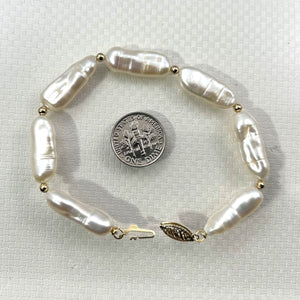 White Biwa Pearl & Gold Beads Bracelet with 14k Yellow Gold Fish Tail Clasp