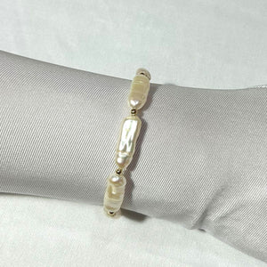 White Biwa Pearl & Gold Beads Bracelet with 14k Yellow Gold Fish Tail Clasp