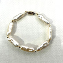 Load image into Gallery viewer, White Biwa Pearl &amp; Gold Beads Bracelet with 14k Yellow Gold Fish Tail Clasp