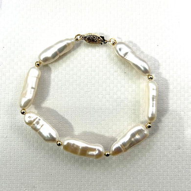 White Biwa Pearl & Gold Beads Bracelet with 14k Yellow Gold Fish Tail Clasp