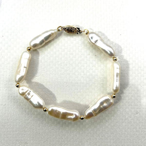 White Biwa Pearl & Gold Beads Bracelet with 14k Yellow Gold Fish Tail Clasp