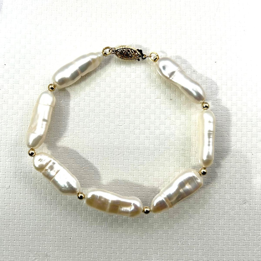 White Biwa Pearl & Gold Beads Bracelet with 14k Yellow Gold Fish Tail Clasp