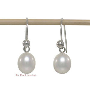 14k White Gold Fish-Hook Gold Ball & Pearl Dangle Earrings