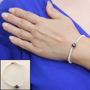 14k Yellow Gold Spring Clasp White Mini Pearl Bracelet with Center Black Pearl