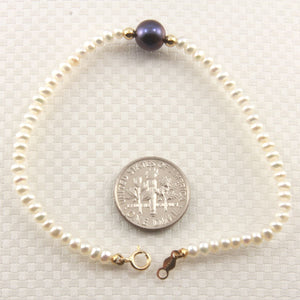 14k Yellow Gold Spring Clasp White Mini Pearl Bracelet with Center Black Pearl