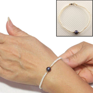 14k Yellow Gold Spring Clasp White Mini Pearl Bracelet with Center Black Pearl