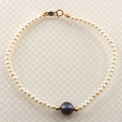 14k Yellow Gold Spring Clasp White Mini Pearl Bracelet with Center Black Pearl