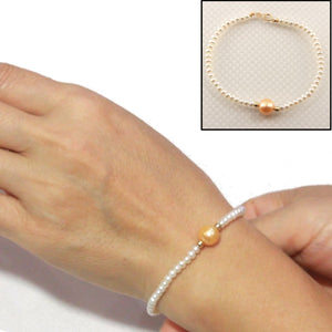 14k Yellow Gold Spring Clasp White Mini Pearl Bracelet with Center Golden Pearl