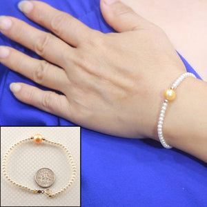 14k Yellow Gold Spring Clasp White Mini Pearl Bracelet with Center Golden Pearl