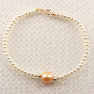 14k Yellow Gold Spring Clasp White Mini Pearl Bracelet with Center Golden Pearl