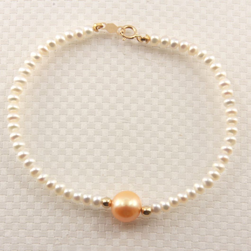 14k Yellow Gold Spring Clasp White Mini Pearl Bracelet with Center Golden Pearl