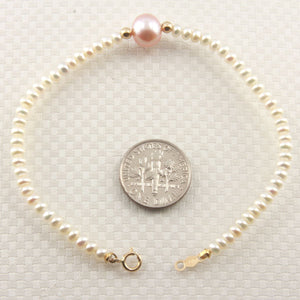 14k Yellow Gold Spring Clasp White Mini Pearl Bracelet with Center Pink Pearl
