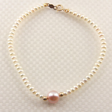 14k Yellow Gold Spring Clasp White Mini Pearl Bracelet with Center Pink Pearl