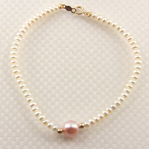 14k Yellow Gold Spring Clasp White Mini Pearl Bracelet with Center Pink Pearl