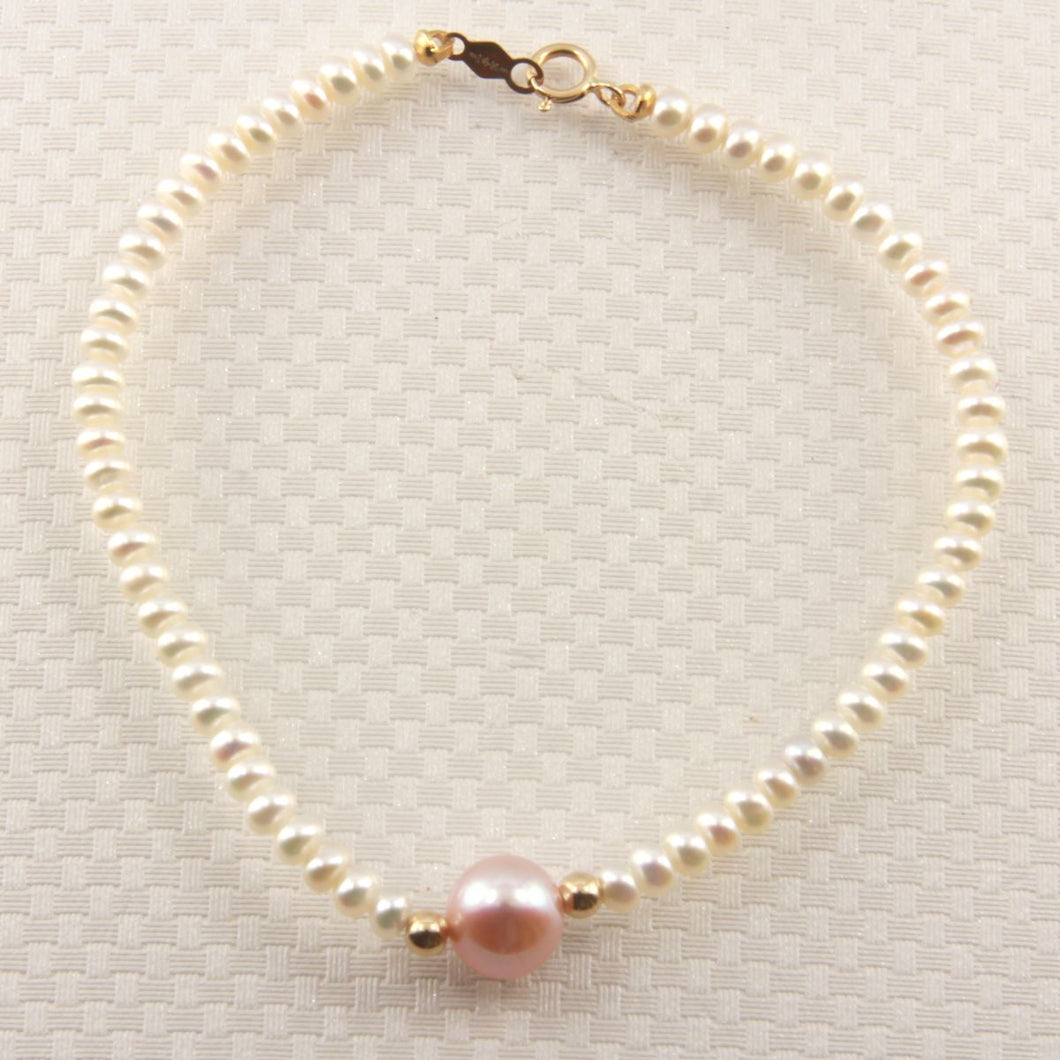 14k Yellow Gold Spring Clasp White Mini Pearl Bracelet with Center Pink Pearl