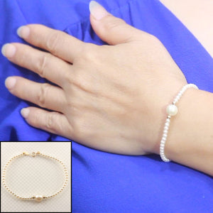 14k Yellow Gold Spring Clasp White Mini Pearl Bracelet with Center White Pearl