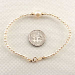 14k Yellow Gold Spring Clasp White Mini Pearl Bracelet with Center White Pearl