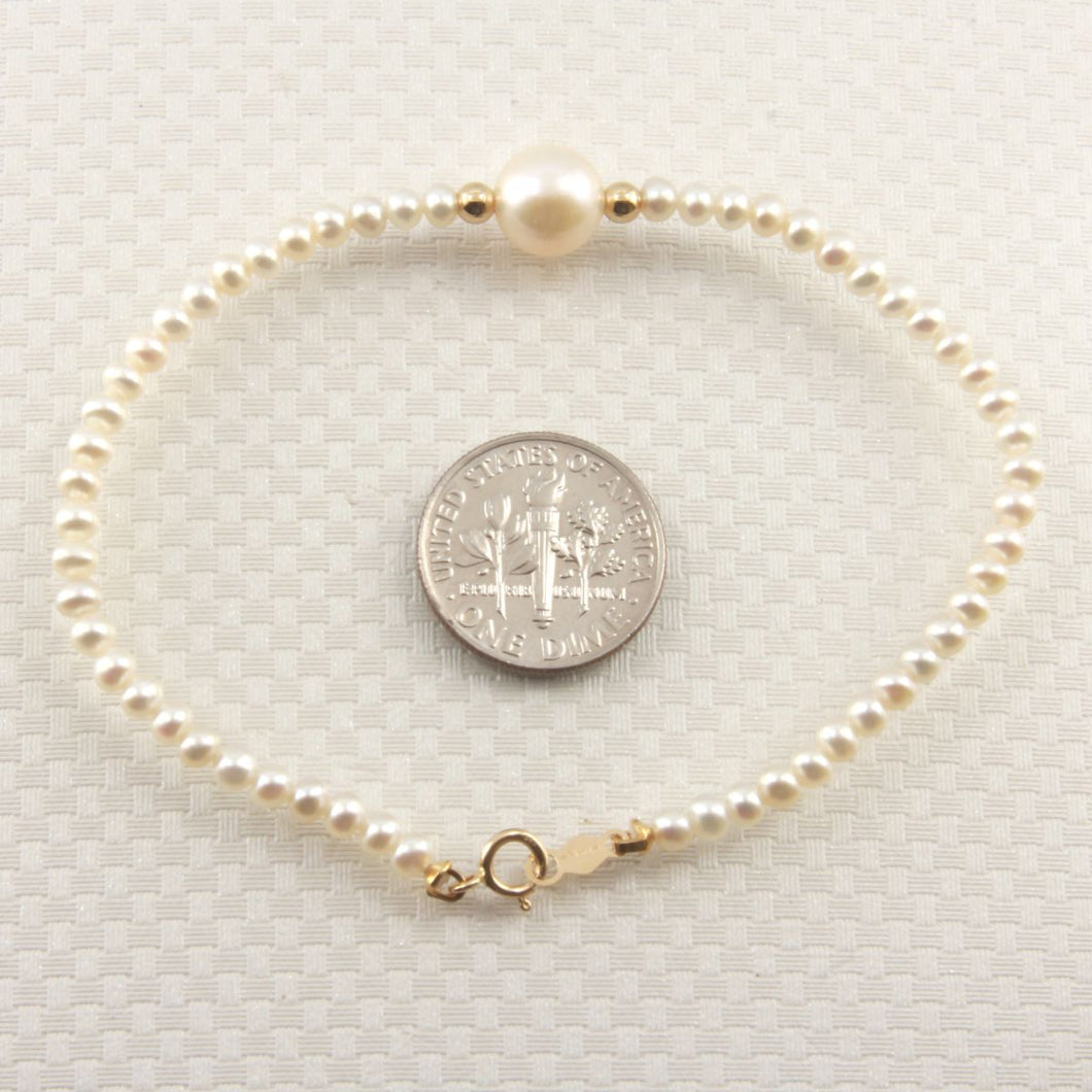 14k Yellow Gold Spring Clasp White Mini Pearl Bracelet with Center White Pearl