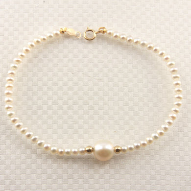 14k Yellow Gold Spring Clasp White Mini Pearl Bracelet with Center White Pearl