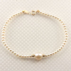14k Yellow Gold Spring Clasp White Mini Pearl Bracelet with Center White Pearl