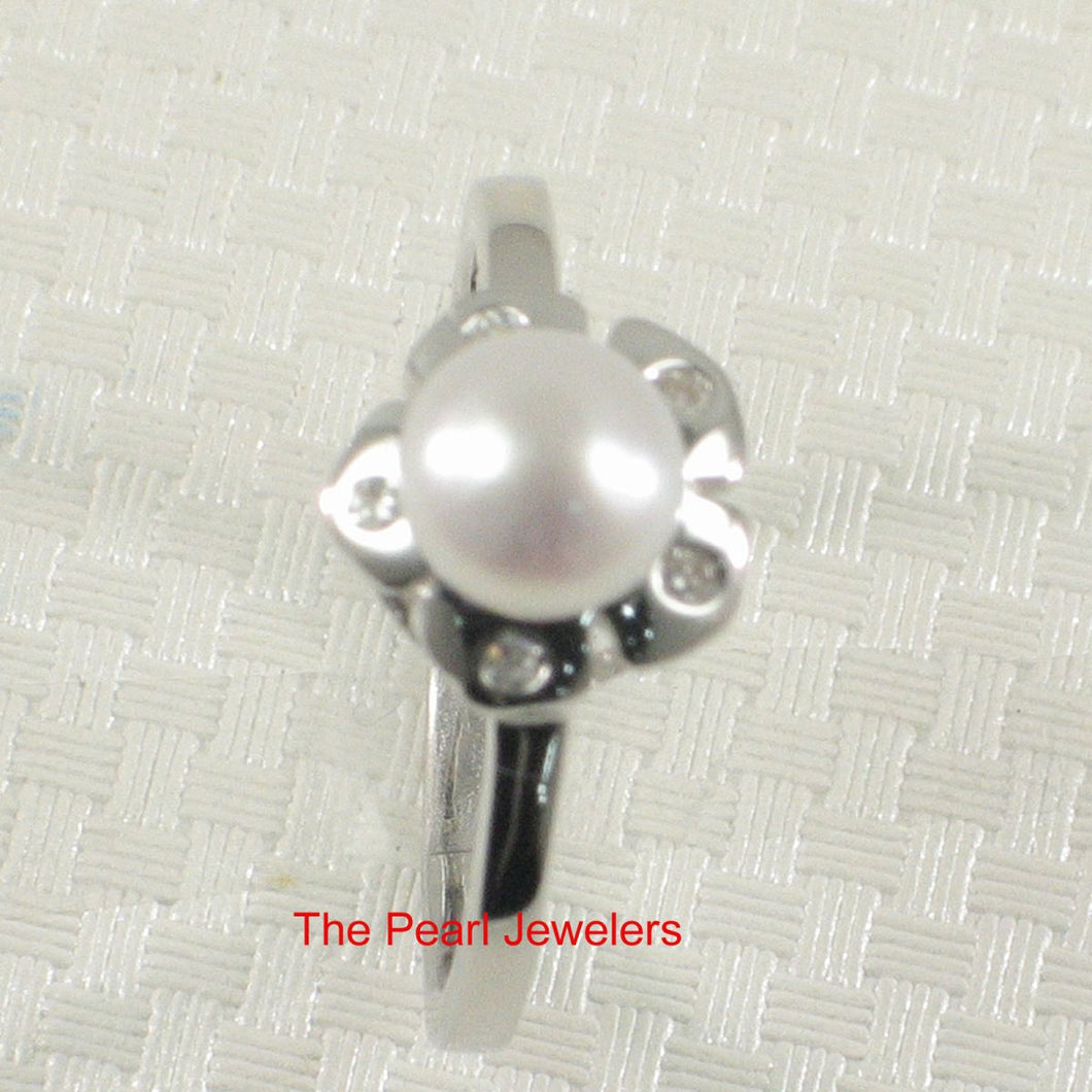 Solid Sterling Silver .925 White Freshwater Cultured Pearl & CZ Accent Ring