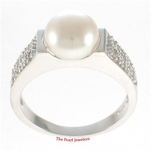 Solid Sterling Silver .925 White Cultured Pearl & CZ Accent Ring