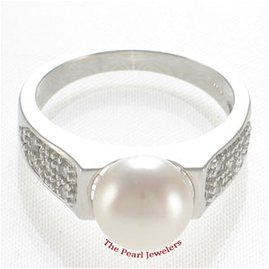Solid Sterling Silver .925 White Cultured Pearl & CZ Accent Ring
