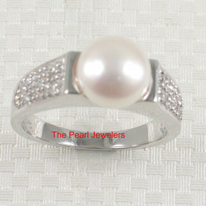 Solid Sterling Silver .925 White Cultured Pearl & CZ Accent Ring