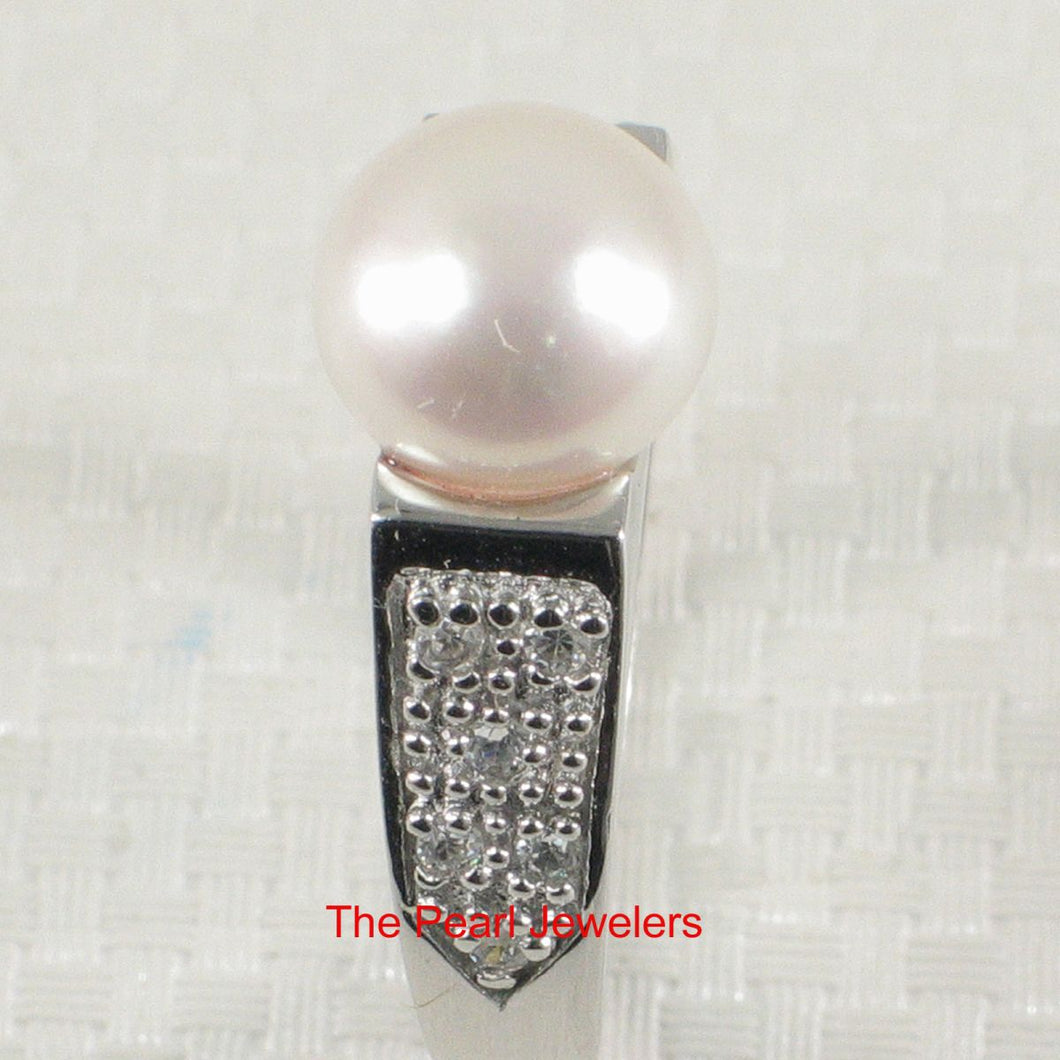 Solid Sterling Silver .925 White Cultured Pearl & CZ Accent Ring