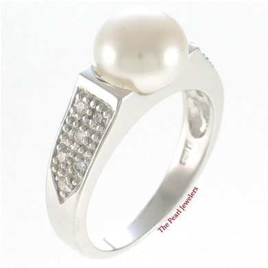 Solid Sterling Silver .925 White Cultured Pearl & CZ Accent Ring