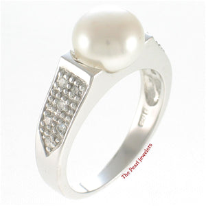 Solid Sterling Silver .925 White Cultured Pearl & CZ Accent Ring