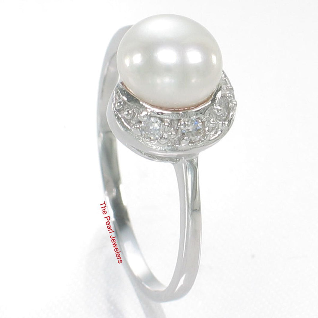 Cultured Pearl & Crescent Cubic Zirconia Sterling Silver Ring