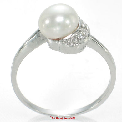 Solid Sterling Silver .925 White Freshwater Cultured Pearl & CZ Crescent Ring