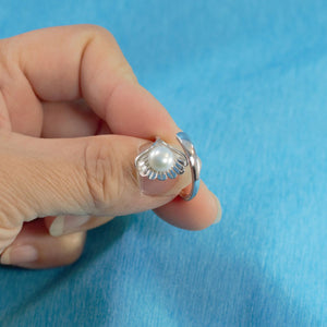 Solid Sterling Silver .925 White Freshwater Cultured Pearl Shell-Style Adjustable Ring