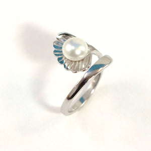 Solid Sterling Silver .925 White Freshwater Cultured Pearl Shell-Style Adjustable Ring