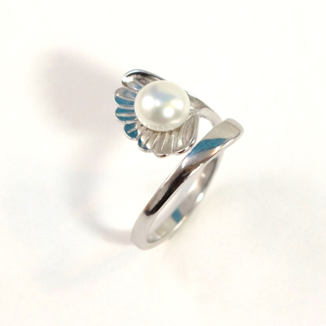 Solid Sterling Silver .925 White Freshwater Cultured Pearl Shell-Style Adjustable Ring
