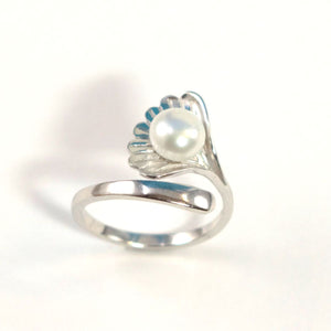 Solid Sterling Silver .925 White Freshwater Cultured Pearl Shell-Style Adjustable Ring