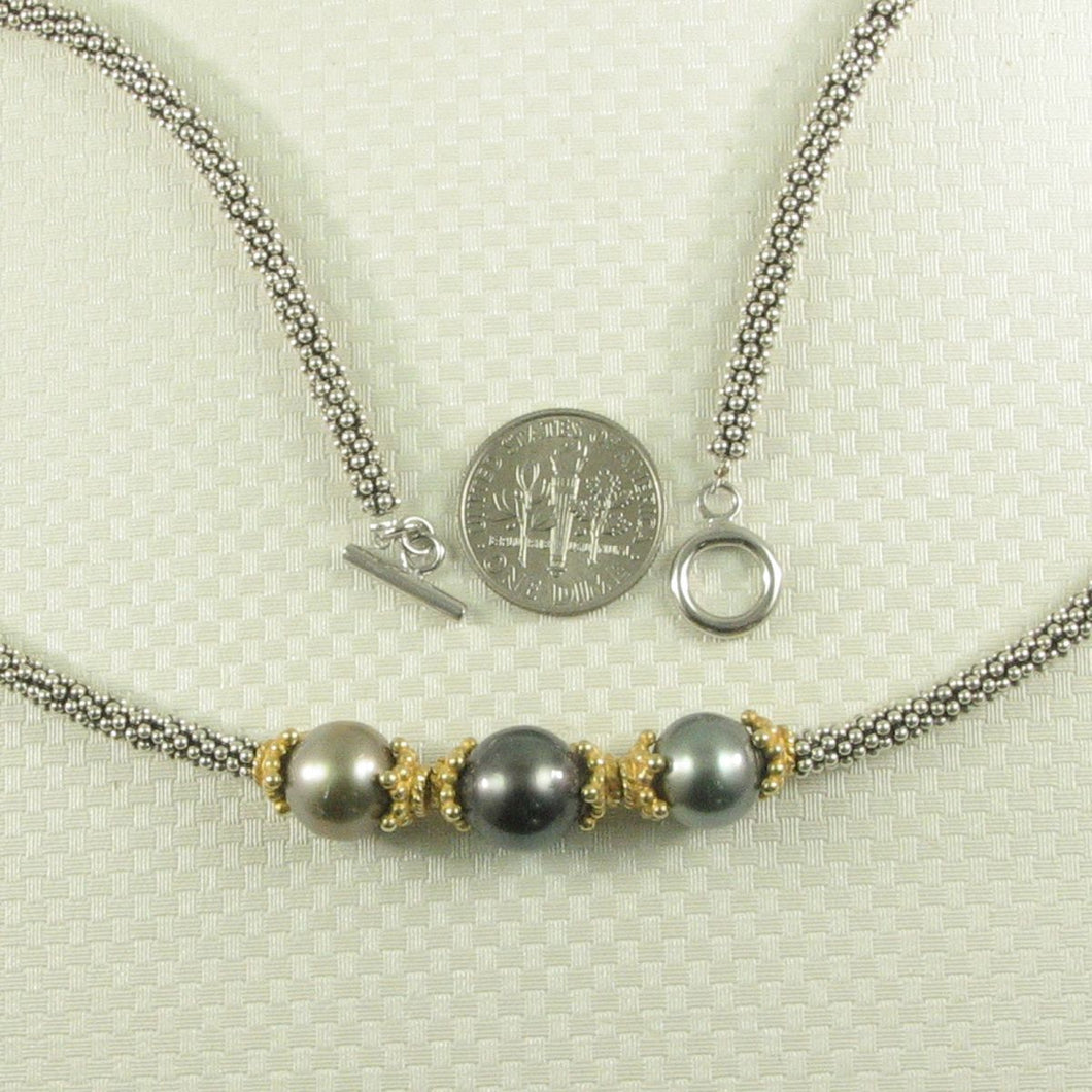 Triple Tahitian Pearl & Silver Bali Beads Necklace