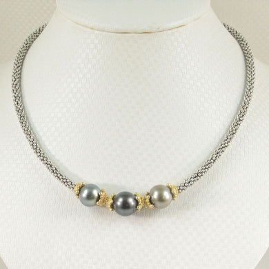 Triple Tahitian Pearl & Silver Bali Beads Necklace