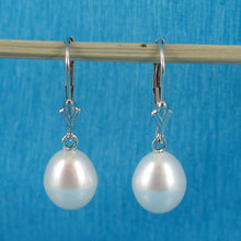 Load image into Gallery viewer, 1000025-White-Gold-Leverback-Genuine-White-Cultured-Pearl-Dangle-Earrings